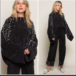 POL- Sweater Black Pearl Embellished  Chenille Sweater♥️Only 3 Left ! 1S, 1M, 1L
